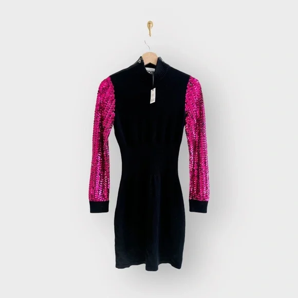 Nwt MOSCHINO Couture Black Sweater Mock Neck Dress Sequin Sleeves - Picture 2 of 11